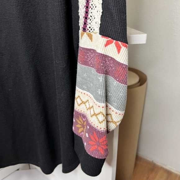 Maurice's Plus Size Crochet Fair Isle Mock Neck Long Sleeve Tee Black Women's 2X - Picture 2 of 7